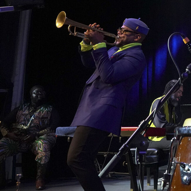 Etienne Charles in performance at the VT Jazz Center, September 21, 2024 | photo by Jeffrey Starratt